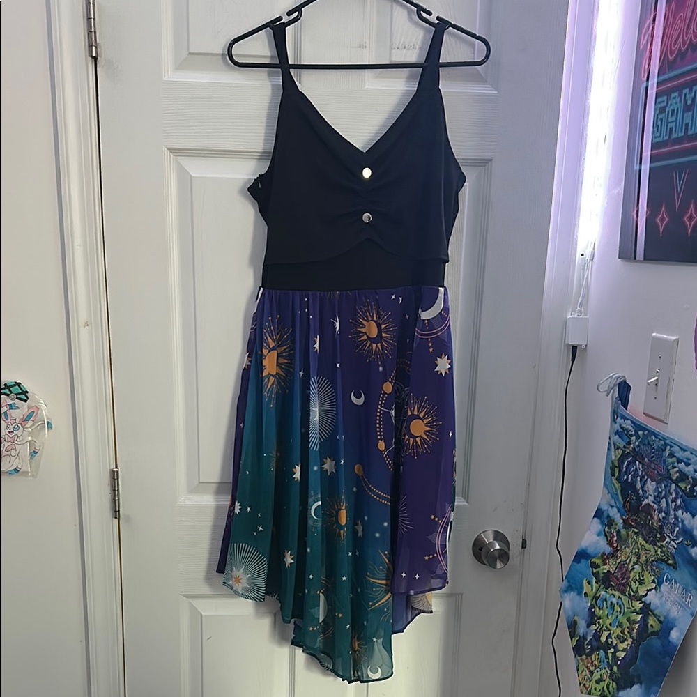 Celestial Sun & Moon Galaxy Dress – Asymmetrical Hem, Spaghetti Strap Bodice